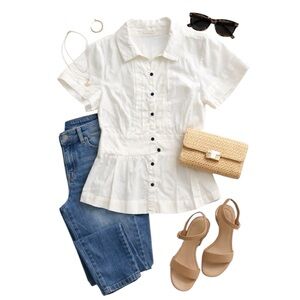 ANTHROPOLOGIE Tulle button front short sleeve top cream